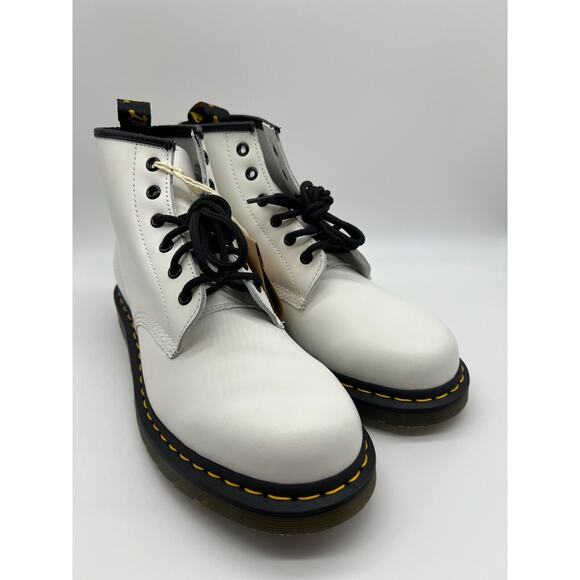 Dr. Martens 101 Yellow Stitch White Smooth Leather Ankle Boots Womens 10/Mens 9 - Picture 6 of 12